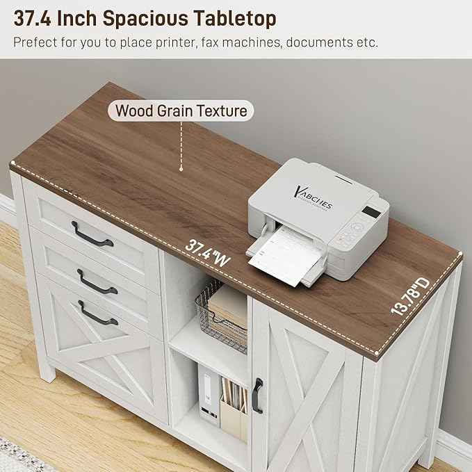 Vabches Lateral File Cabinet, Farmhouse 3 Drawer File Cabinet with Open Storage Shelf for Letter/Legal/A4 Size Hanging Files, Large Wood Storage Cabinets Printer Stand for Home Office, White
