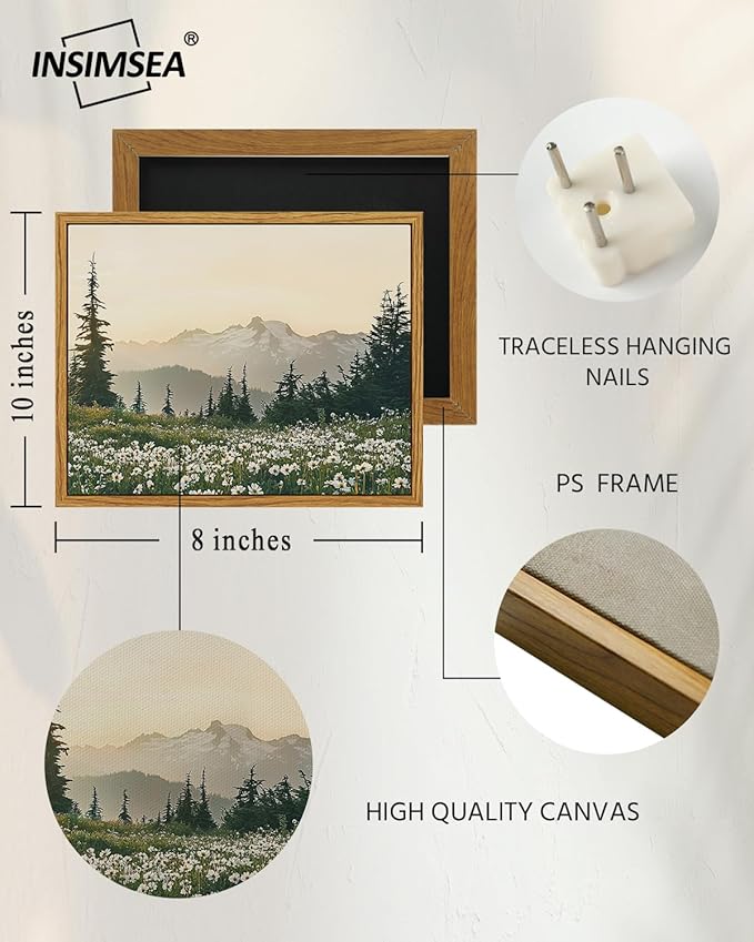 InSimSea Framed Canvas Wall Art, Vintage Floral Wildflowers Mountains Prints Wall Decor for Living Room, Small Forest Landscape Painting Farmhouse Decorations for Bedroom Shelf Gift, 8x10inch