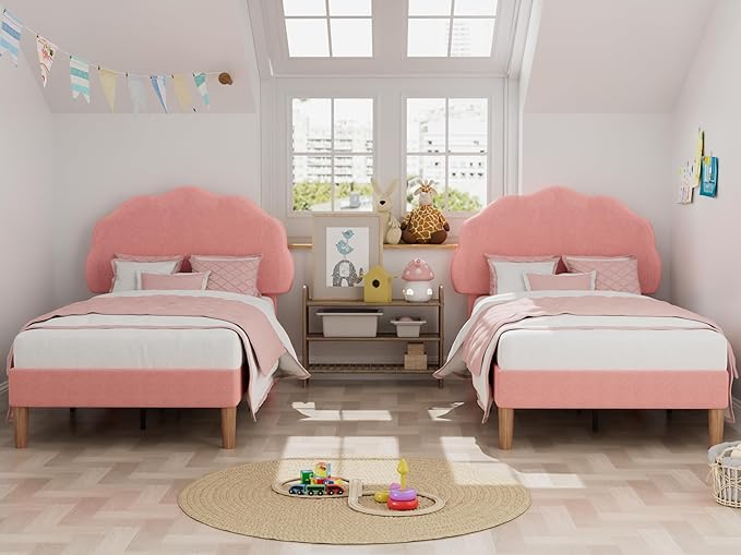 VECELO Twin Size Bed Frame Set of 2, Upholstered Platform Bedframe with Height Adjustable Plush Fabric Headboard, Strong Wood Slat Supports, No Box Spring Needed, Pink