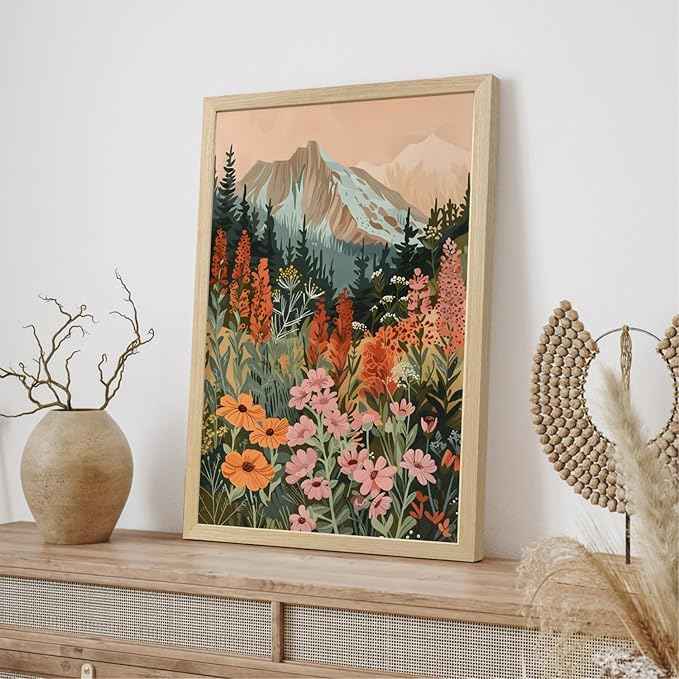 Cyebmo Mountain Wildflower Wall Art Set of 3, Sunset Daisy Flower Wall Decor, Colorful Wildflower Canvas Painting, Nature Botanical Landscape Artwork for Bedroom Living Room Wood Framed 12x16 Inch