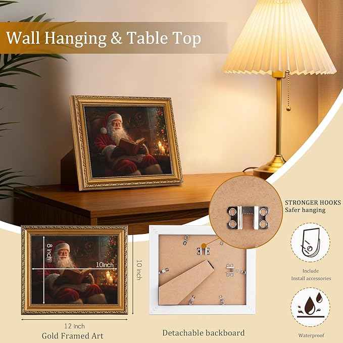 uniro Vintage Gold Framed Wall Art, Vintage Christmas Wall Decor Santa Claus Reading Book Canvas Art Prints Painting, Rustic Winter Holidays Xmas Poster, Farmhouse Christmas Picture Wall Decor for Bedroom, Living Room, Gallery, Winter Room Decor, Holid...