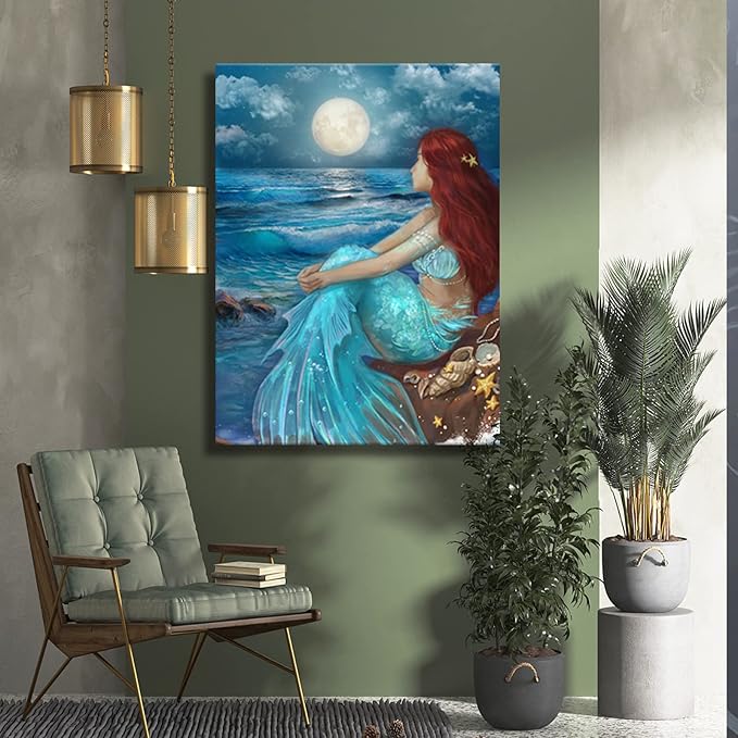 SDYA Aesthetic Wall Art for Living Room Bedroom Wall Decor Blue Canvas Prints Moon Night Artwork 24"x 36" Girls Room Decor