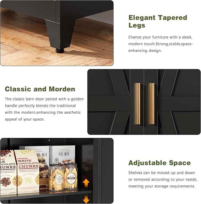 COFaR Black Farmhouse Storage Kitchen Pantry Cabinet with 2 Barn Door, 4 Adjustable Shelves and Legs, for Cupboard/Dining Room/Bathroom/Living Room/Office/Laundry Room (Black, 71" Farmhouse)