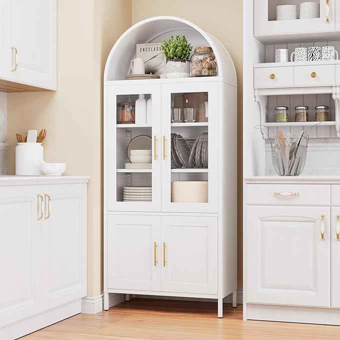 Metal White Arched Pantry Cabinet with 4 Doors,Arched Bookcase Cabinet with 2 Adjustable Shelves for Kitchen Home Office,Required Assembly