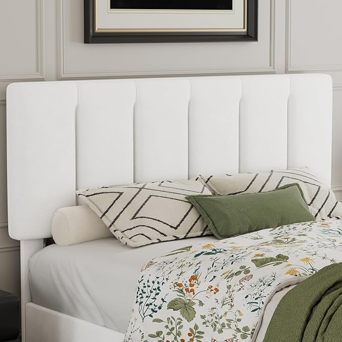 VECELO Full Bed Frame with Upholstered Headboard, Heavy-Duty Platform Bedframe with Strong Wooden Slats Support, No Boxing Spring Needed, Pure White