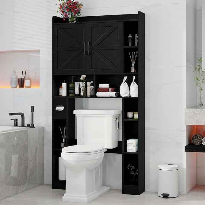 Vabches Over The Toilet Cabinet, Double Doors Bathroom Shelf Organizer with Toilet Paper Holder Stand and Open Storage Shelf, Small Freestanding Space Saver for Restroom, Bathroom, Laundry, Black