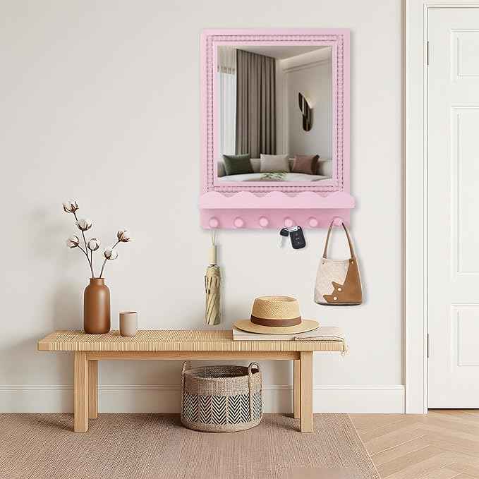 Tirzah 16x12 Inch Wall Mount Beaded Wood Framed Mirror with Shelf and 6 Hooks, Pink Decorative Entryway Mirror with Storage for Laundry Room, Bathroom, Bedroom
