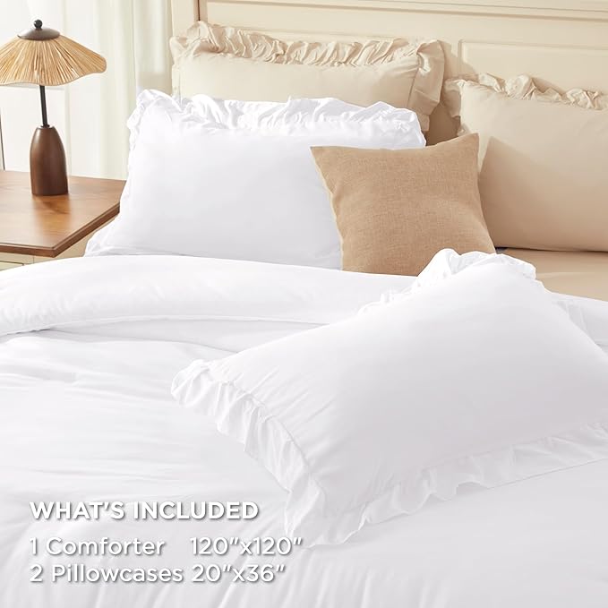 Andency Super King Ruffle Comforter Set, 3 Pieces Shabby Chic Farmhouse Bedding Set, Lightweight Soft Oversized King Comforter Set 120x120 for Girls Women (1 Comforter 2 Pillowcases), White
