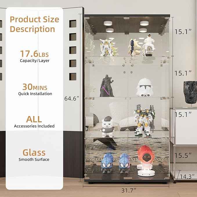 Beauty4U Glass Display Cabinet with LED Lights and Mirror, 4 Shelves with 2 Doors, Curio Cabinets for Living Room, Bedroom, Office, Black Floor Standing Glass Bookshelf, Quick Installation