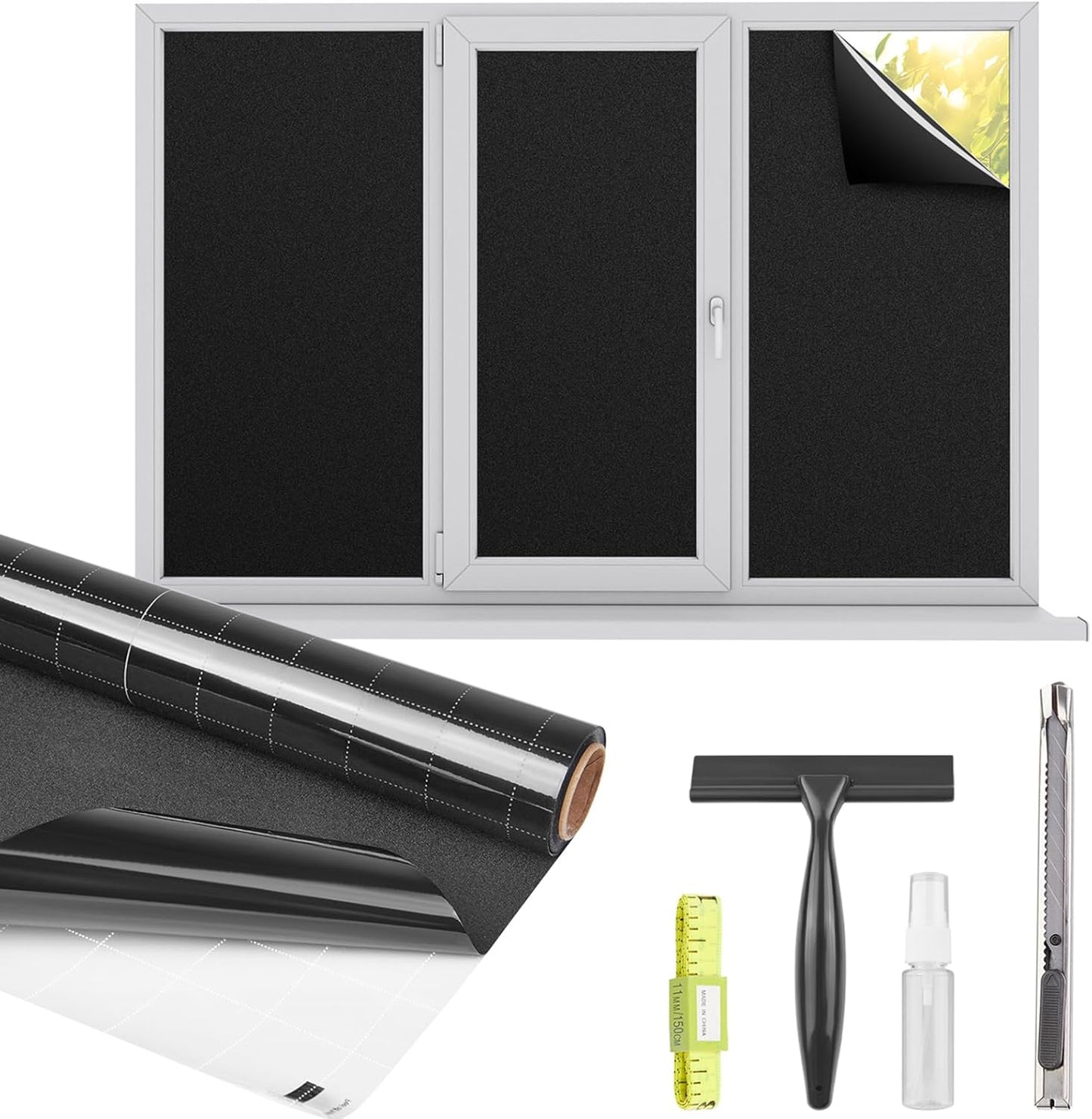 Kromapolis Blackout Window Privacy Film Total Light Blocking Room Darkening Window Covering, Removable Static Cling Frosted Glass Tint, Non-Adhesive, Black 23.6'' x 118.1''