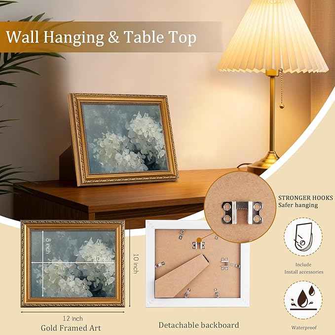 uniro Vintage Gold Framed Wall Art for Home Decor, Retro Blue Hydrangea Flower Canvas Art Prints Artwork, Aesthetic Bedroom Wall Art Easter Floral Wall Decor, French Country decor Spring Botanical Oil Painting Picture for Bathroom, Gallary, Living Room...