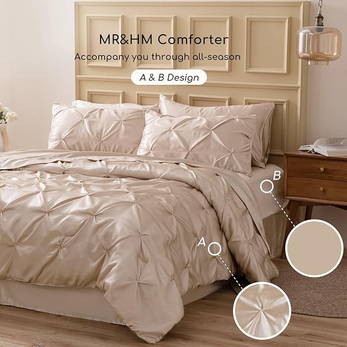 MR&HM Satin Comforter Twin XL 5 Pieces - Luxurious Pinch Pleat Bedding Set with Comforter, Flat Sheet, Fitted Sheet, Pillowcase & Sham, Super Silky Soft Bed Set for All Season (Twin XL, Champagne)