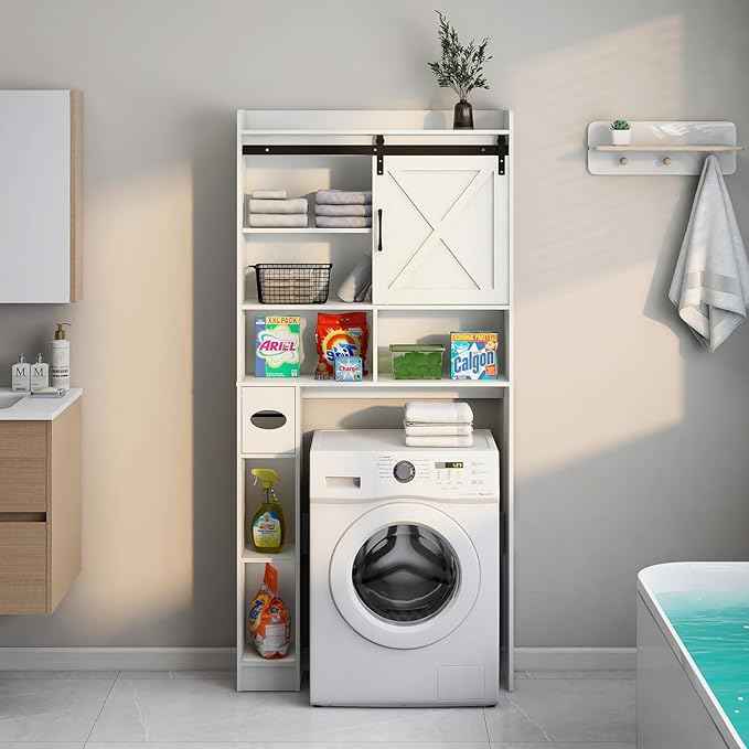 Vabches Over The Toilet Storage Cabinet, Farmhouse Storage Cabinet Over Toilet with Sliding Barn Door & Toilet Paper Holder Stand，Home Space-Saving Toilet Rack, for Bathroom, Restroom, Laundry