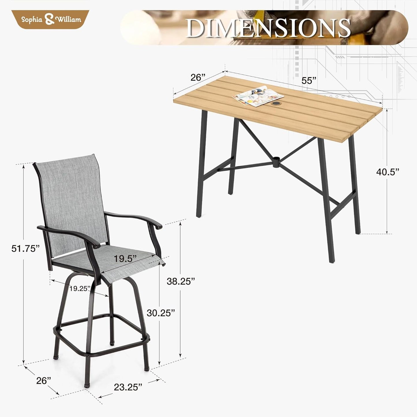 Sophia & William Outdoor Bar Set, Patio Bar Table and Chairs Set, Bar Height Patio Set - 2 x Swivel Bar Chairs(Grey), 1 x Rectangular Bar Table(Wood-Like)
