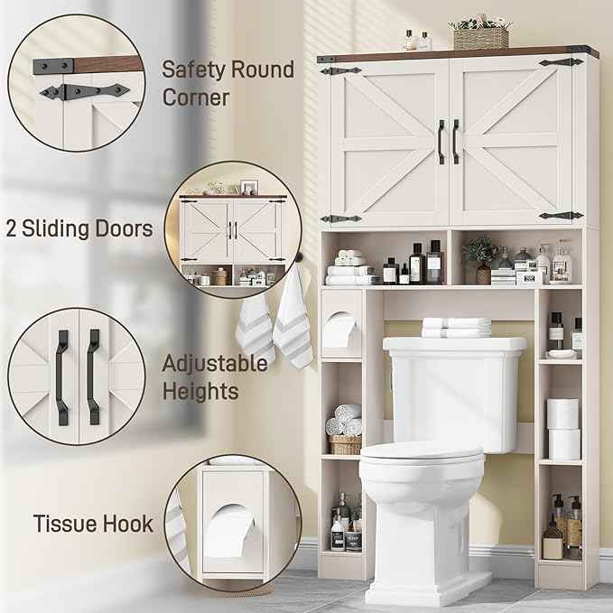 Over The Toilet Storage Cabinet, Farmhouse Storage Cabinet Over Toilet with 2 Barn Doors ，Toilet Paper Holder Stand，Home Space-Saving Toilet Rack, for Laundry, Restroom, Bathroom