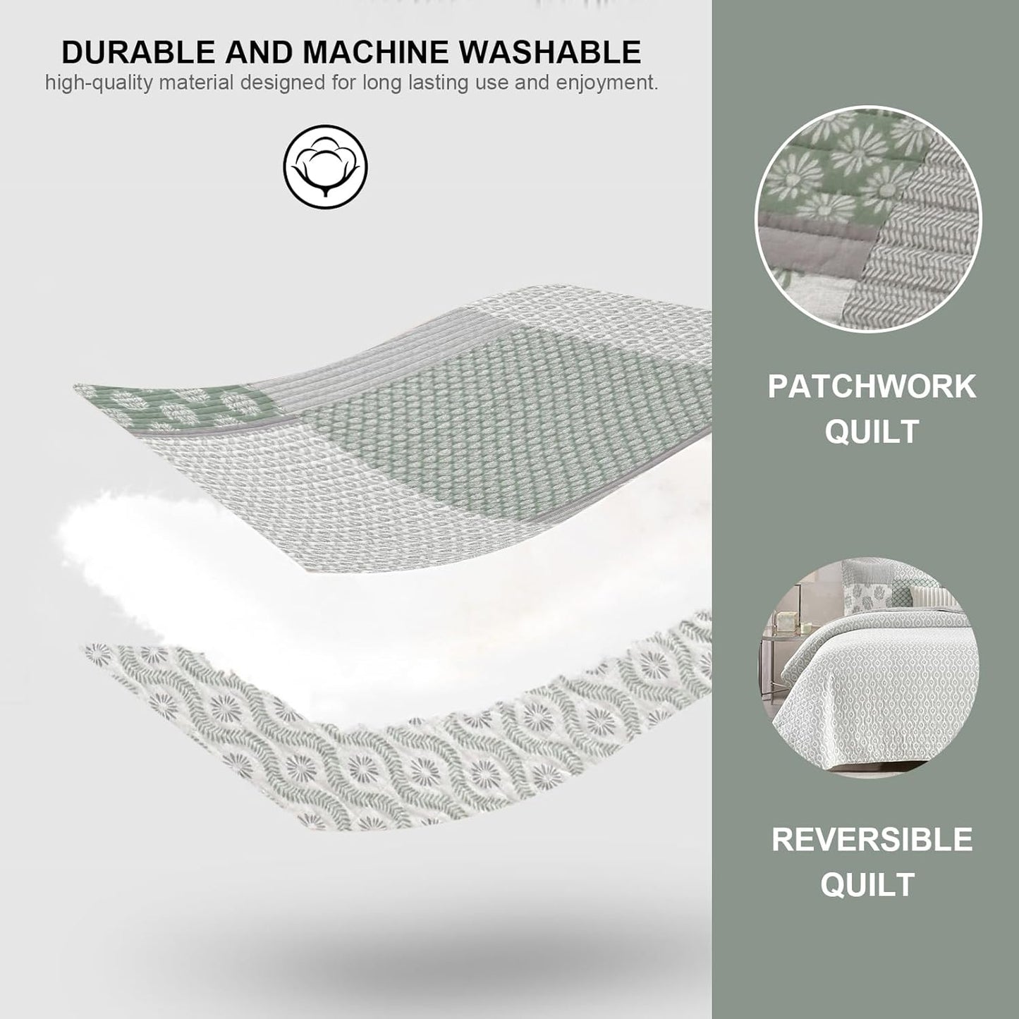 PANGUSHAN Quilt Set Queen Size, 100% Cotton Bedspread Quilt Bedding Set, Patchwork Reversible Floral Quilt for Queen Bed, Greyish-Green Bed Spread, Lightweight Comforter for All Season, 3 Pieces