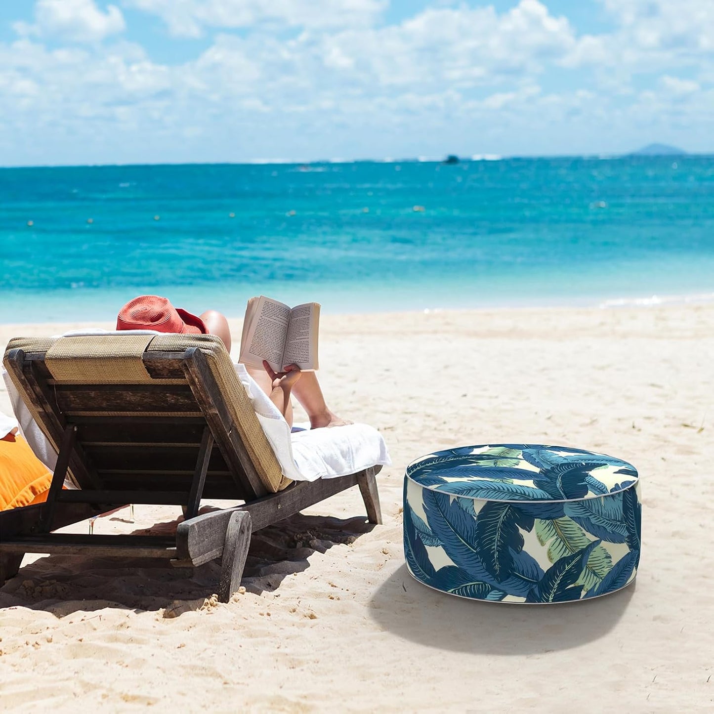 LVTXIII Inflatable Stool Ottoman Footrest with Handle, All Weather Foot Rest, Indoor or Outdoor Use for Home Patio Garden and Camping, D21 x H9, Swaying Palms Blue