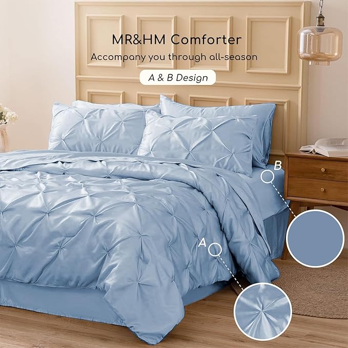 MR&HM Satin Comforter Queen 7 Pieces - Luxurious Pinch Pleat Bedding Set with Comforter, Flat Sheet, Fitted Sheet, Pillowcases & Shams, Super Silky Soft Bed Set for All Season (Queen, Blue Haze)