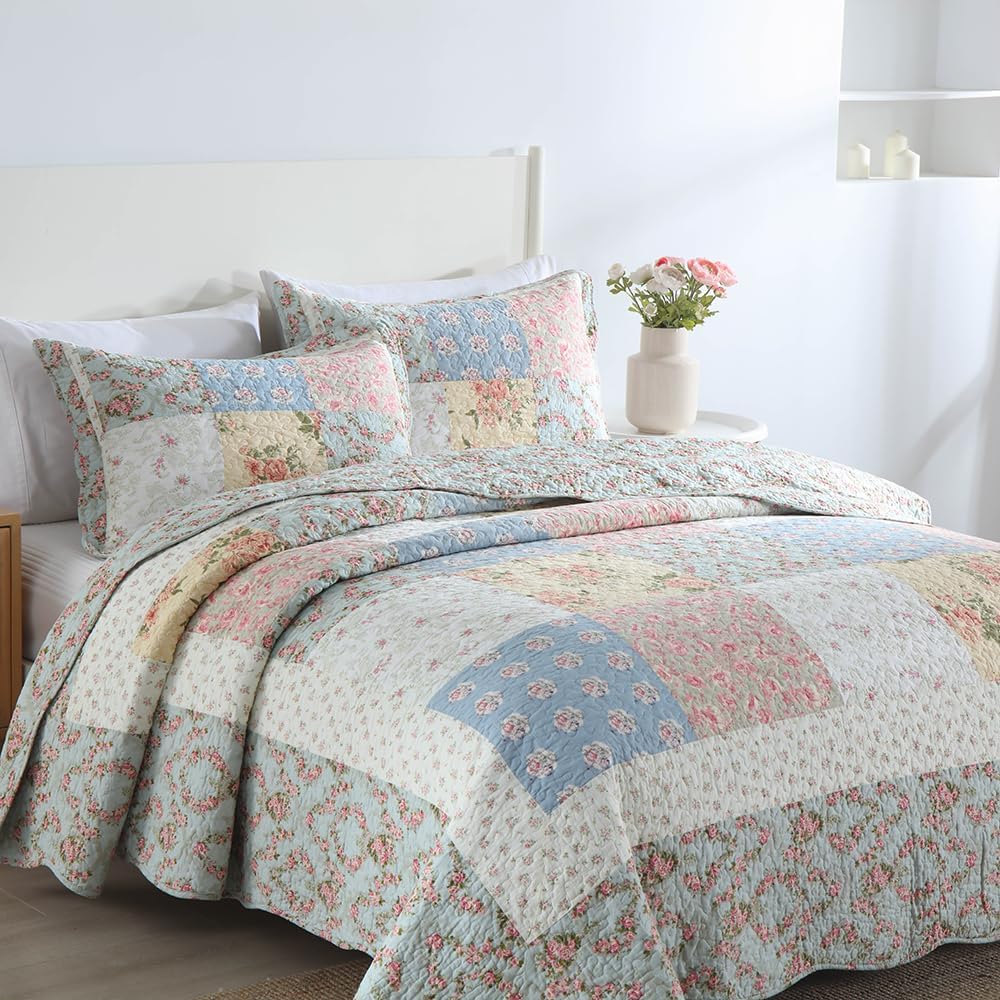Cotton Bedspread Quilt Bedding Sets 3 Pieces Reversible Coverlet Sets Comforters Green Rose Floral Patchwork Bedspread, Queen Size