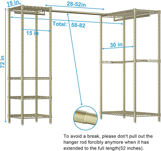 E10L L-Shaped Clothes Rack for Corner（With Expandable Hanger Rod）Heavy Duty Freestanding Clothing Racks for Hanging Clothes，Portable Garment Rack 58-82"W x 30"D x 72"H，Max Load 900LBS，Gold