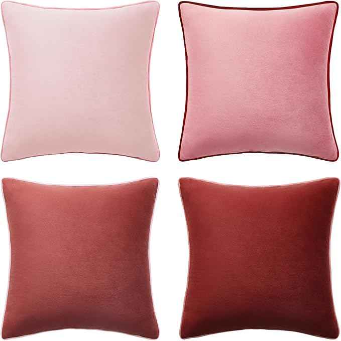 MONDAY MOOSE Decorative Throw Pillow Covers Cushion Cases, Set of 4 Soft Velvet Modern Double-Sided Designs, Mix and Match, Pillow Inserts Not Included (16x16 inch, Pink/Dark Pink)