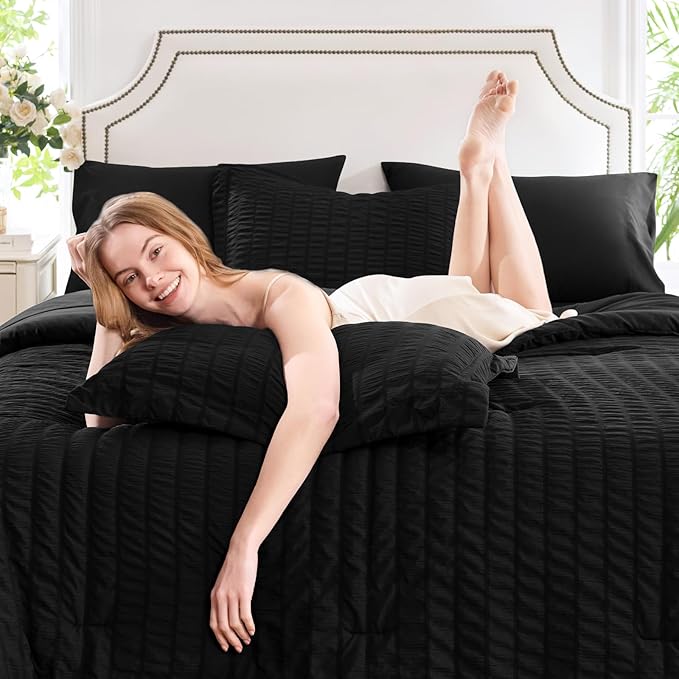 CozyLux Queen Comforter Set Black Seersucker 7 Pieces Bed in a Bag Queen Comforter Set with Sheets, Luxury Soft Bedding Set with Down Alternative Comforter, Sheets, Pillowcases & Shams for All Seasons