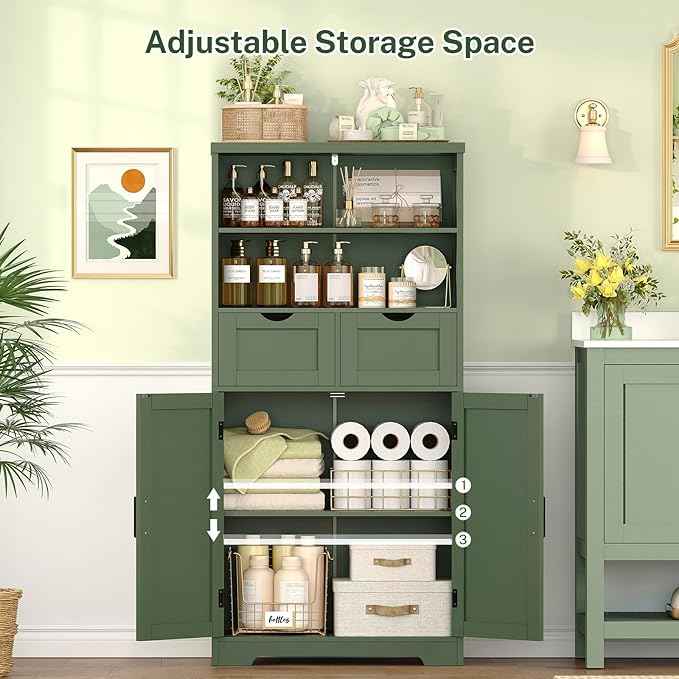 TEENFON Bathroom Cabinet with Adjustable Shelf & 2 Drawers, Farmhouse Storage Cabinet with 2 Doors, Kitchen Storage Cabinets for Living Room, Entryway, Home Office, Forest Green