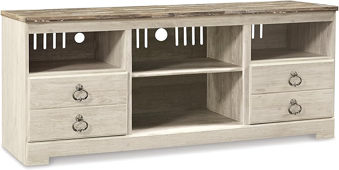 Signature Design by Ashley Willowton Farmhouse 3-Piece Entertainment Center for TVs up to 73" with LED Lighting, Whitewash