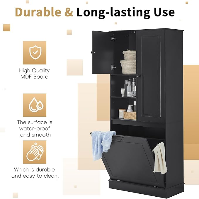 68" Tall Bathroom Storage Cabinet with Two Doors and Laundry Hamper for Home Display Organizer, Adjustable Shelf, Gray
