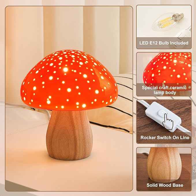 BOHON Mushroom Lamp, Ceramic Bedside Table Lamp for Bedroom Nightstand, Retro Vintage Red Night Light, Small Lamp for Living Room Desk Home Decor Aesthetic, LED Bulb Included, Red