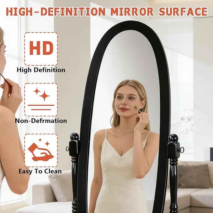 Full Length Mirror with Stand, Swivel Adjustable Oval Wood Cheval Floor Mirror, Dressing Cheval Mirror for Bedroom Livingroom, Interior Gift Idea (Black)