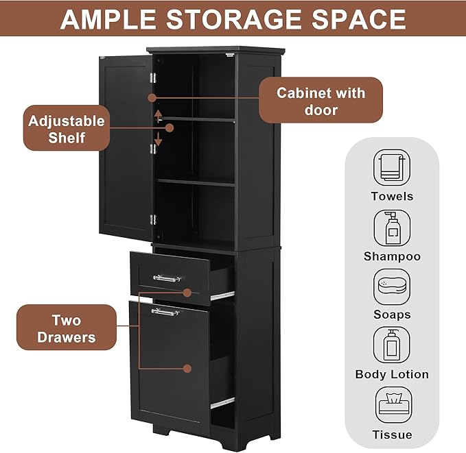 Bathroom Cabinet with Drawers and Doors, Tall Storage Display Organizer, Kitchen Pantry, Black