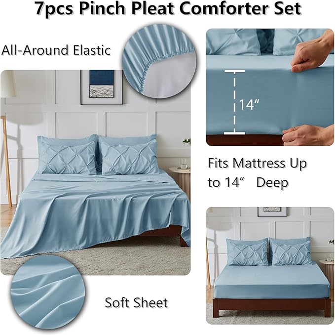 CozyLux King Size Comforter Set Light Blue, 7 Pieces Pintuck Bed in A Bag Blue Comforter King Size, Pinch Pleat Bedding Set with All Season Comforter, Sheets, Pillowcases & Shams