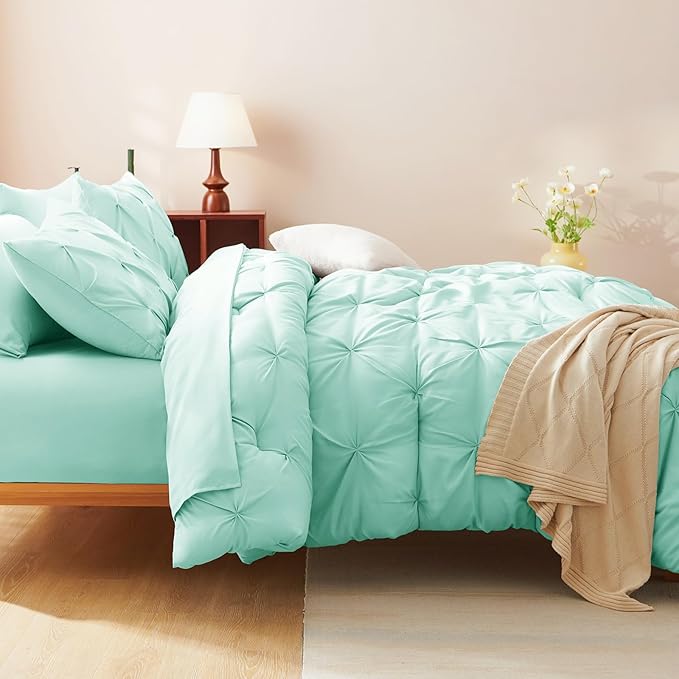 CozyLux King Size Comforter Set Mint Green, 7 Pieces Pintuck Bed in A Bag Green Comforter King Size, Pinch Pleat Bedding Set with All Season Comforter, Flat Sheet, Fitted Sheet, Pillowcases & Shams