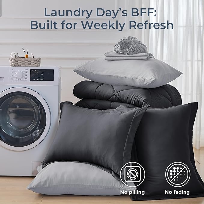 HEVUMYI Queen Comforter Set - 7-Piece All Season Bed in a Bag Queen, Ultra Soft Bedding Set with Comforter, Flat Sheet, Fitted Sheet, Pillowcases, Pillow Shams, Dark Grey & Light Grey