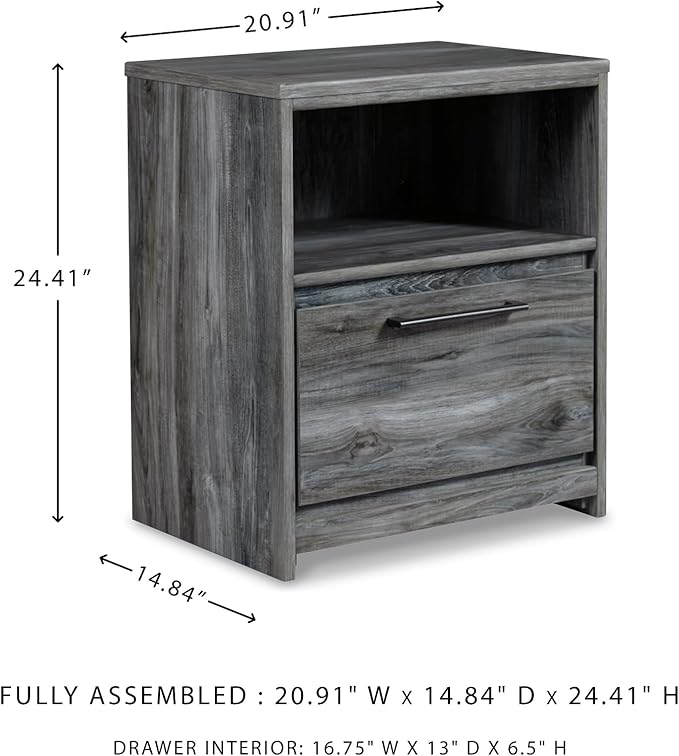 Signature Design by Ashley Baystorm Rustic Coastal 1 Drawer Nightstand with 1 Open Cubby & 2 Slim-Profile USB Charging Stations, 24.45" Tall, Smoky Gray