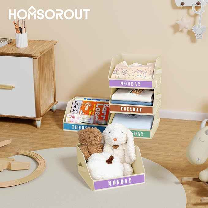 Closet Organizers and Storage - 5 Tier Shelf Organizer wiht Weekly Labels, Stackable Storage Bins with Metal Frame, Grey & Beige