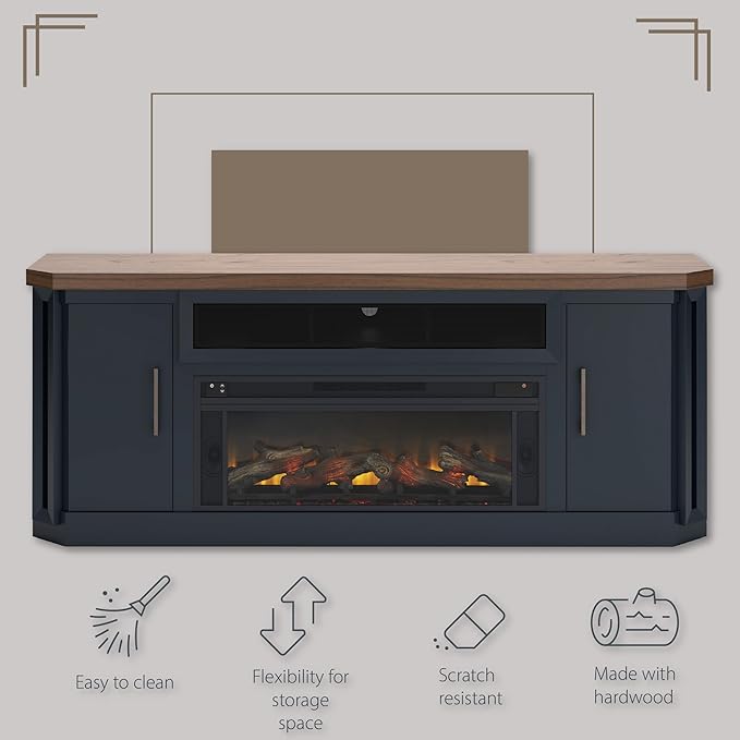 Signature Design by Ashley Landocken Contemporary 83" TV Stand with Electric Fireplace for TVs up to 95", Blue & Light Brown