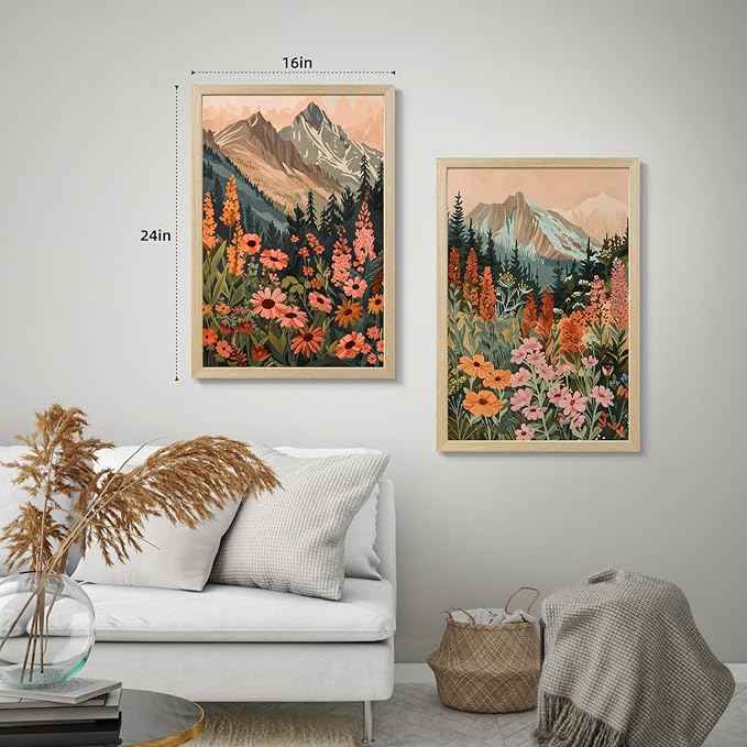 Cyebmo Mountain Wildflower Wall Art Set of 3, Sunset Daisy Flower Wall Decor, Colorful Wildflower Canvas Painting, Nature Botanical Landscape Artwork for Bedroom Living Room Wood Framed 12x16 Inch