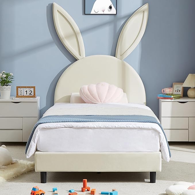 VECELO Twin Size Bed Frame with Storage Organizer, Heavy-Duty Platform with Rabbit Shaped Headboard for Girls Kids Room, Easy Assembly, Beige