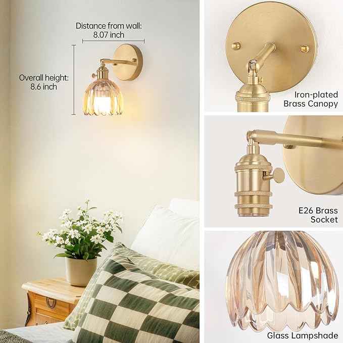 Vintage Battery Operated Wall Sconce with Amber Tulip Glass Lampshade Rechargeable Battery Powered Wall Light with Remote Control for Bedside Bedroom Doorway, Set of 2