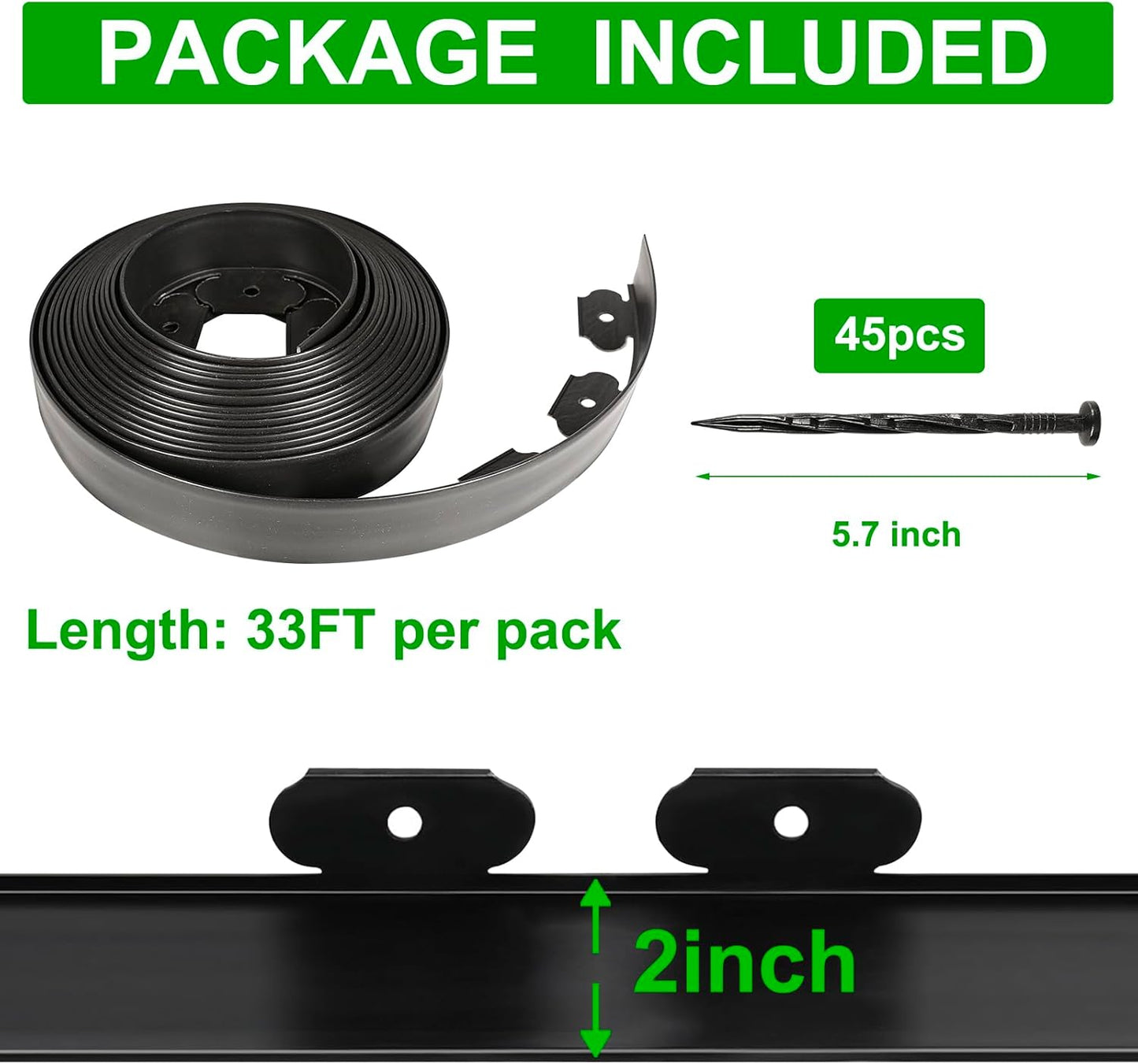 JERIA 2 Inch Tall 33 FT Garden Edging Kit with 45pcs Spikes, Plastic Edging for Landscaping