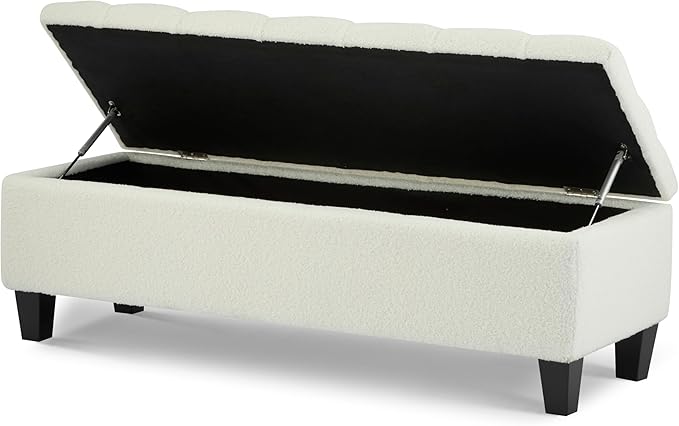 Christopher Knight Home Ottilie Boucle Fabric Storage Ottoman Bench, Wooden Rectangular Ottoman with Storage, Bedroom End of Bed Foot Stool, Entryway Ottoman Footrest, Living Room Extra Seat, White