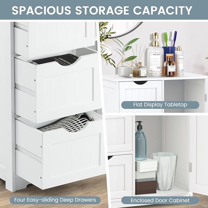 COSTWAY Bathroom Storage Cabinet, Wooden Storage Cupboard Organizer with 4 Drawers & Adjustable Shelf, Modern Floor Cabinet for Living Room, Bathroom, Kitchen, Entryway (White)