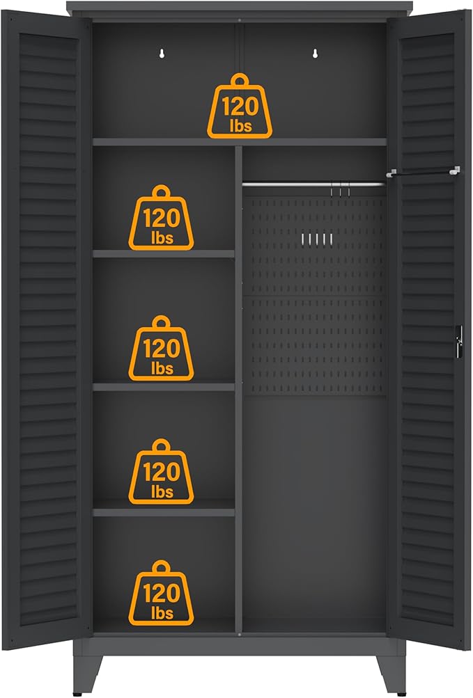 Shutter Metal Storage Cabinet,Waterproof 73'' Tall Freestanding Tool Chest w/ 3 Adjustable Shelves,Locking Doors,2 Hanging Rod,Utility Garage Storage Tool Cabinet for Garage,Home,Office,Outdoor,Black