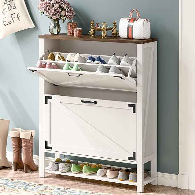 Vabches Shoe Storage Cabinet, 5-Tier Farmhouse Freestanding Organizer with 2 Flip Drawers, Wooden Shoes Rack Cabinets Storage Organizer with Doors for Entryway, Hallway, Closet, Rustic White