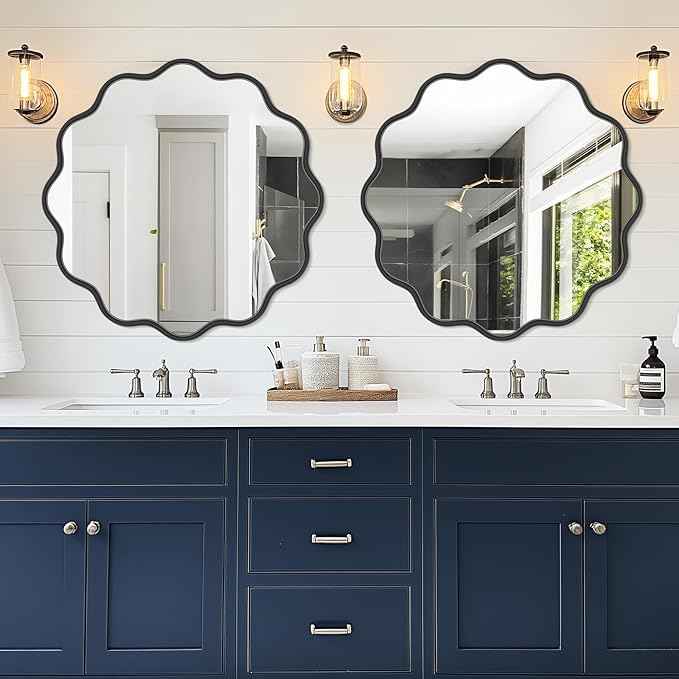 PROHOMEWARE Black Round Mirror 32 Inch Wavy Bathroom Vanity Mirror Black Frame Modern Wall Mirror Decorative Wall-Mounte Anti-Rust, Tempered Glass
