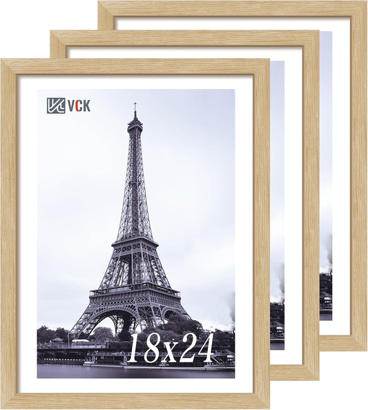 VCK 18x24 Oak Wood Frame for Poster & Picture, Natural Solid Wood Photo Frames 3 Pack, Wall Mounting Hanging
