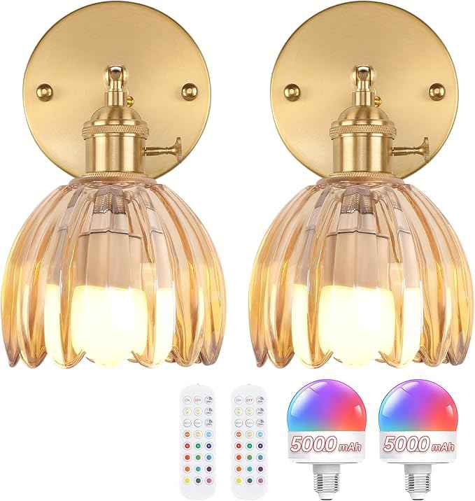 Vintage Battery Operated Wall Sconce with Amber Tulip Glass Lampshade 5000 mAh Rechargeable Battery Powered Wall Light with Remote Control for Bedside Bedroom Doorway, Set of 2