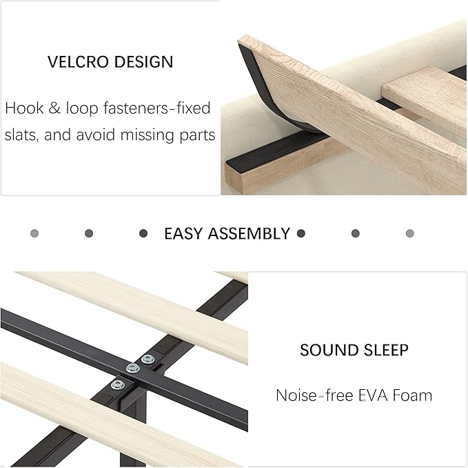 VECELO King Size Bed Frame with Upholstered Headboard, Heavy-Duty Bedframe with Strong Wooden Slats Support, No Boxing Spring Needed, Pale Beige